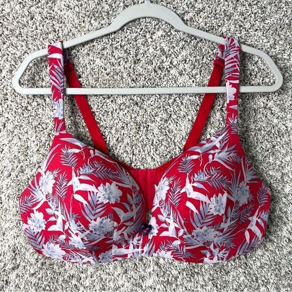 Cacique Bra Women’s 42D Simply Wire Free Plunge Red and Gray Tropical Print - Picture 1 of 6